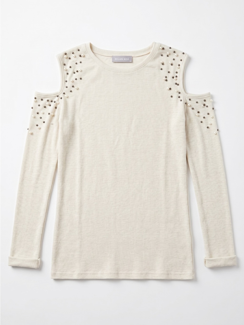 Milan Kiss Pearl Embellished Cold Shoulder Knit Sweater Cream Size 48